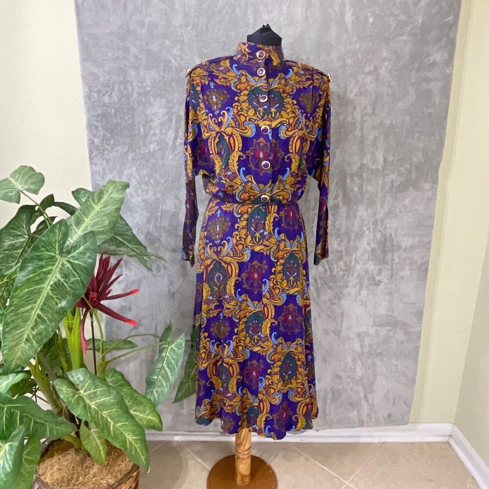 Vintage 80’s Robbie Bee Women's Floral midi Dress 8 jewel tone high neck pockets